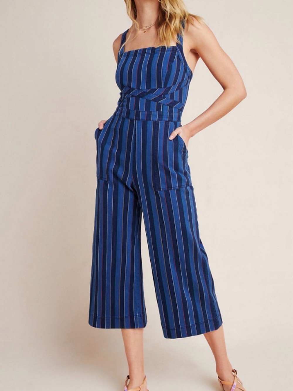 Anthropologie Blue Striped Denim Wide-Leg Jumpsuit